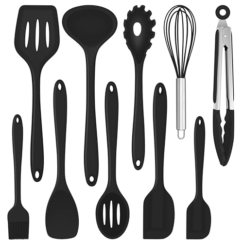 Herogo Küchenutensilien Set, 10 Stück Silikon Kochutensilien Set, kochgeschirr kochbesteck pfannenwender küchenset für Kochen Backen, Kratzfest & Hitzebeständig, Ungiftig & Spülmaschinenfest (Schwarz)