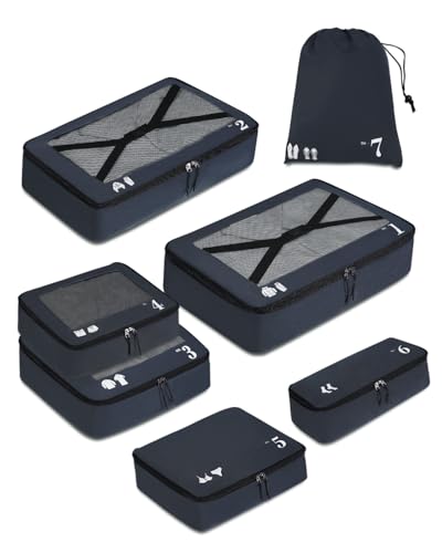 ECOHUB 7 Teilig Koffer Organizer Set, Packing Cubes mit Reißverschluss, Recyceltes PET Packwürfel Set, Packtaschen für Koffer, Organizer Koffer für Urlaub und Reisen, Reise Organizer Set (Dunkelblau)