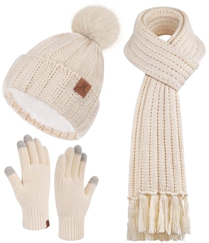 ZASFOU Damen Winter Beanie Mütze Schal Touchscreen Handschuhe Set Thermo Fleece Strickmütze Wintermütze mit Bommel Lange Schals Winterschal Winterhandschuhe für Frauen Geschenk