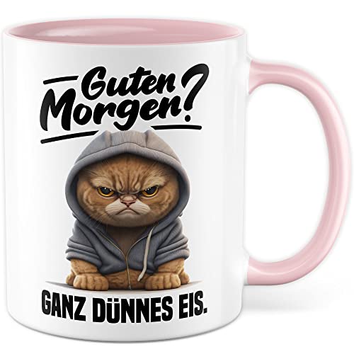 Tasse mit Spruch lustig Katze Morgenmuffel Witz Geschenkidee Kaffeetasse Humor Geschenk für Verschlafen Kaffeebecher Witz Becher (Weiß & Rosa)