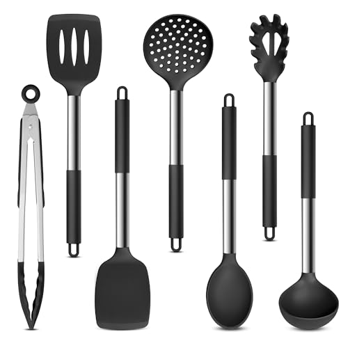 Herogo Küchenhelfer Set, 7 Stück Silikon Küchenutensilien Set, Küchenutensilienset mit Edelstahlgriff, Antihaftbeschichtetes, Hitzebeständiges Silikon zum Kochen, Leicht zu Reinigen, Spülmaschinenfest