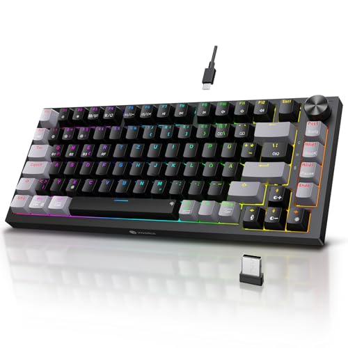 KOORUI Mechanisch Tastatur, Gaming Tastatur Kabellos/Kabelgebunden/Bluetooth 26 RGB Wiederaufladbare 4000mAh Batterie 82 Tasten Deutsches Layout QWERTZ für Windows MacOS Linux-Rotem Schalter