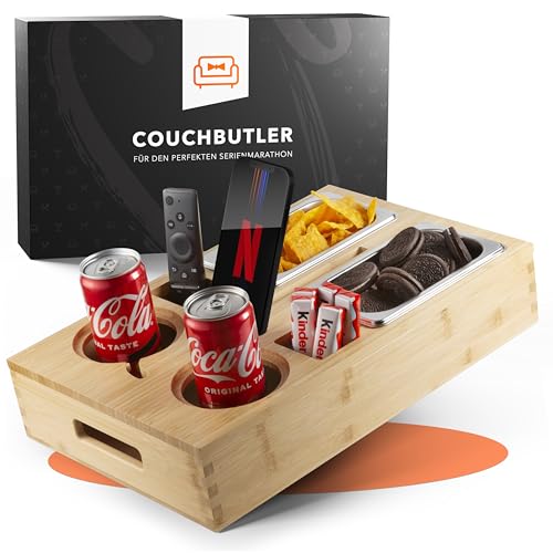 Couchbar Snackbox aus Bambus Personalisierbar inkl. Geschenkbox | Sofa Tablett mit 2 Snackschalen, 2 Getränkehalter mit Untersetzer, magnetischer Deckel, Handyhalterung (Bambus, Ohne Gravur)