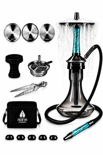 Adina Hookah Shisha Komplett-Set mit Tasche I 20+ Blow-Off Varianten I 40 cm Mini Edelstahl Shisha I Inkl. Reise Tasche, Bowl, Steinkopf mit Kaminaufsatz, Silikonschlauch, Mundstück, Zange I
