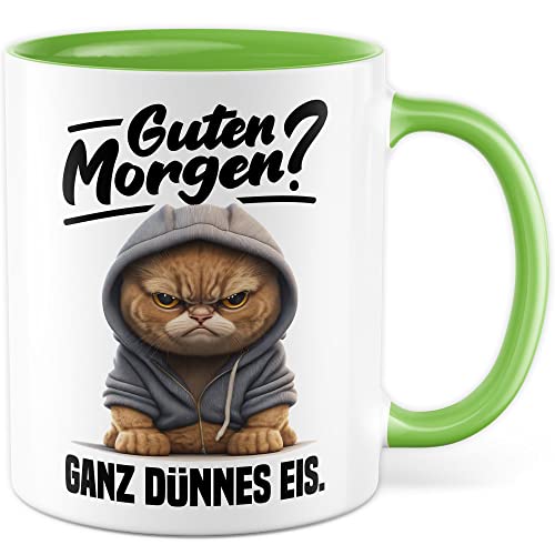 Tasse mit Spruch lustig Katze Morgenmuffel Witz Geschenkidee Kaffeetasse Humor Geschenk für Verschlafen Kaffeebecher Witz Becher (Weiß & Grün)