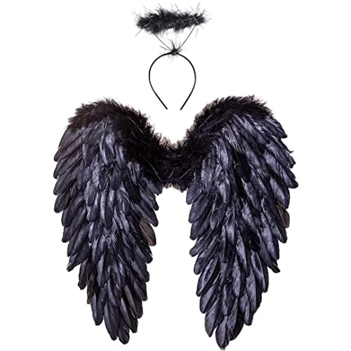 Winwild Engelsflügel mit Heiligenschein,Engel und Teufel Flügel Kostüm für Damen und Mädchen Kinder für Halloween Karneval Cosplay Party Fasching Kostümparty Verkleidung(Schwarz,45 x 45 cm)