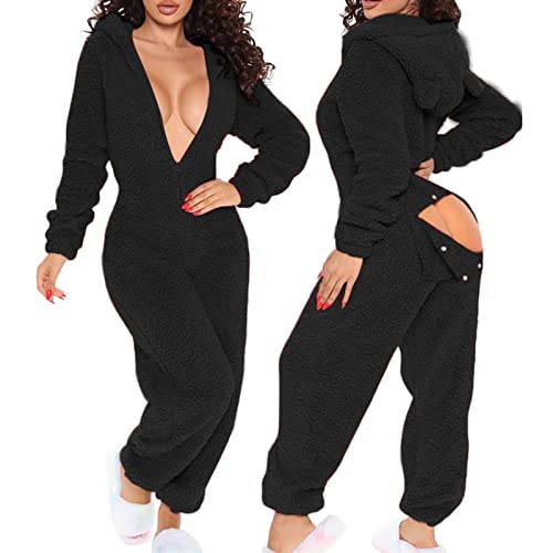 EMATOP Schlafanzug Damen Lange Kuschelig Jumpsuit Winter Warm Overalls Leicht Einfarbig Schlafoverall Elegant Langarm Einteiler Onesie mit Kapuze Ganzkörperanzug Fasching Pyjama Anzug Romper
