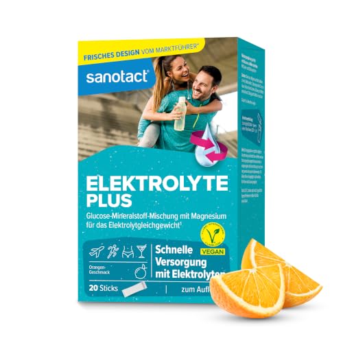 sanotact Elektrolyte Plus (20 Beutel) • Elektrolyt Pulver für Flüssigkeitshaushalt • Kalium & Magnesium für Elektrolytgleichgewicht • 100% Vegan • Recovery Drink • Mit Orangengeschmack