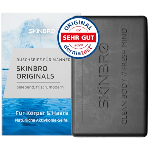 SKINBRO Originals Festes Duschgel Männer mit Aktivkohle - Sportlich & Frisch - Duschseife Männer Made in Germany, Shampoo Herren Vegan & Nachhaltig - Silikonfrei, Seife Stück, 100g feste Seife
