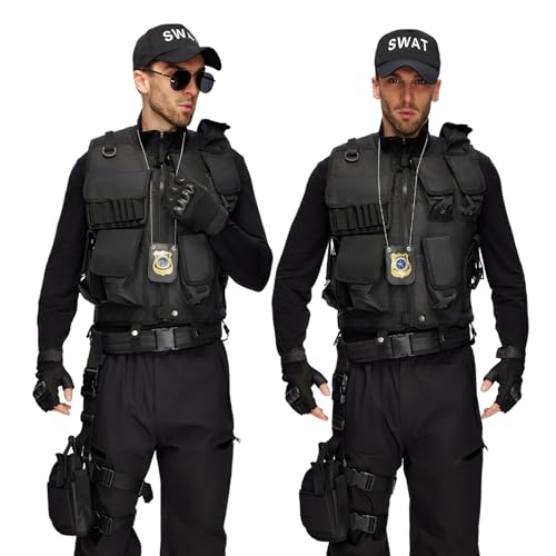 EinZeugnik Herren SWAT Kostüme Set, SWAT Security Weste mit Polizei Ausrüstung, Schwarz Polizei Weste Kostüm für Karneval, Fasching, Halloween & Cosplay