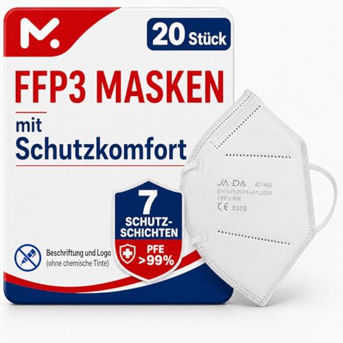 20 FFP3 Mund- und Nasenschutz Maske mit EC Zertifizierung, 7 Lagige Maske ohne Ventil, Staub- und Partikelschutzmaske, medizinische Schutzmaske mit hoher PFE-Filtereffizienz ≥ 99, 20 Atemschutzmaske