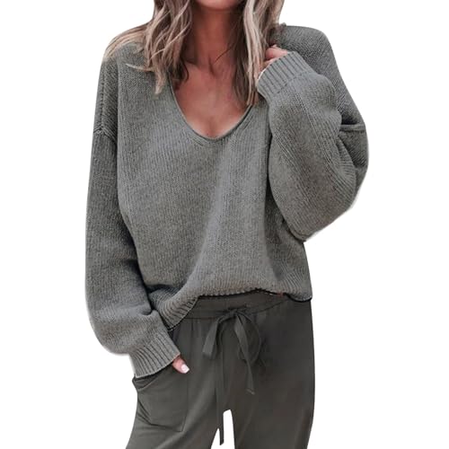 Übergroßer Pullover mit tiefem V-Ausschnitt für Damen – Strickpullover für Damen, einfarbig, Pullover, Herbst, Winter, V-Ausschnitt, Strickpullover, übergroß, Strickpullover, Sweatshirt, lässiger