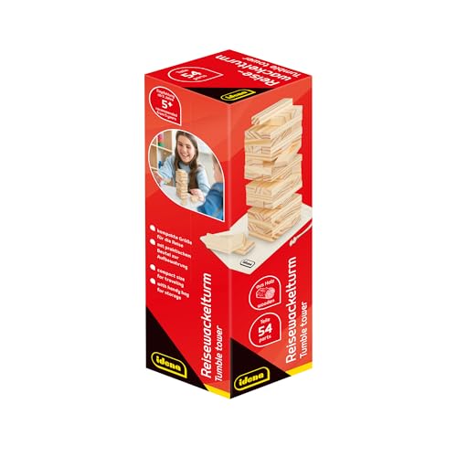 Idena - Reisespiel Wackelturm aus Holz, Geschicklichkeitsspiel mit 54 Bausteinen und Aufbewahrungstasche, ca. 4,8 x 4,8 x 16 cm großer Stapelturm