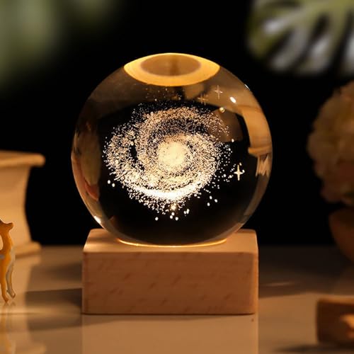 3D Kristallkugel Nachtlicht Mit Holzsockel - USB Sonnensystem Planeten LED Lampe, Kreative Nachtszene Astronomie Moon Crystal