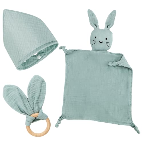Baby Geschenk Junge Mädchen Neugeborene Geschenkset Babygeschenke 3 Stück Geschenke zur Geburt mit Schnuffeltuch Hase und Beißring Holz und Lätzchen Baby für Neugeborenen Babyparty Sachen (Mint)
