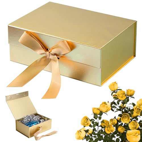 Goldene Geschenkbox,22 * 16 * 8.5 cm Geschenkboxgross,Geschenkbox mit Deckel Geschenkverpackung Box mit Band für Hochzeit Geburtstag Weihnachten Jubiläum