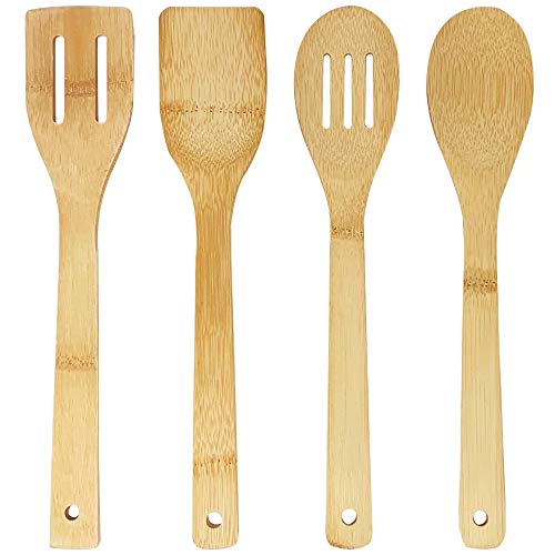 Joeji's Kitchen Küchenutensilien aus Bambus Koch Set aus Holz 4 Widerstandsfähige & stilvolle Bambus Utensilien Holzlöffel Bambusspatel geschlitzter Kochlöffel und Spatel