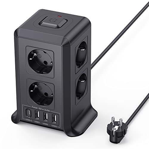 Mehrfachsteckdose mit Schalter, Sameriver 8 Fach Steckdosenleiste Steckerleiste mit 4 USB, Mehrfachstecker Überspannungsschutz, 2M Verlängerungskabel Steckdosenwürfel Steckdosenturm für Zuhause,Büro