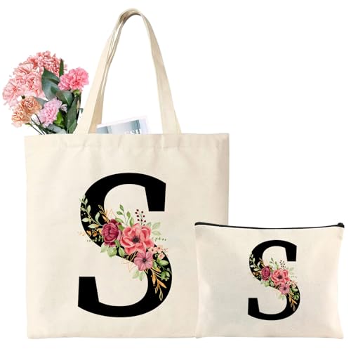 Tarklanda Baumwolltasche personalisiert mit Namen Initial Einkaufstasche mit Buchstaben Frauen Tragetasche und Kosmetiktasche Geschenk für Dame Freundin Mama zum Geburtstag, Muttertag, Hochzeit (S)