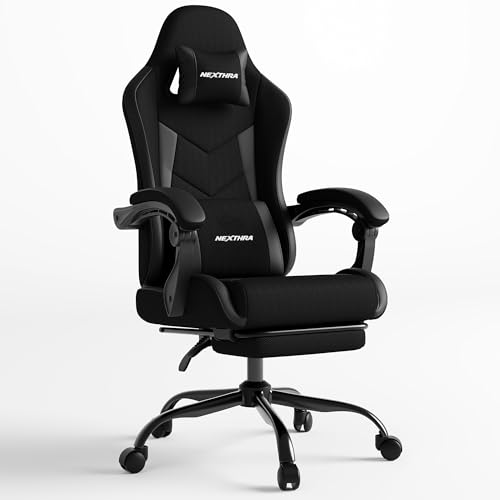 Nexthra Gaming Stuhl Ergonomisch mit Fußstütze, Gepolsterter Gamer Stuhl bis 180 kg, 150° Verstellbare Rückenlehne, Komfortabler Gamingstuhl Bürostuhl für Gaming und Büro, Schwarz
