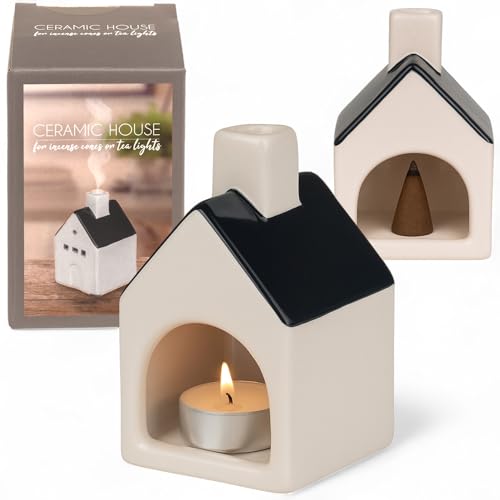 MIJOMA Kleines Räucherhaus und Teelichthaus aus lasierter Keramik, stilvoll in Weiß mit schwarzem Dach, Trendbewusstes Design trifft auf Wärme, Wohnkomfort und gemütliche Abende, ca. 5x5x9cm.