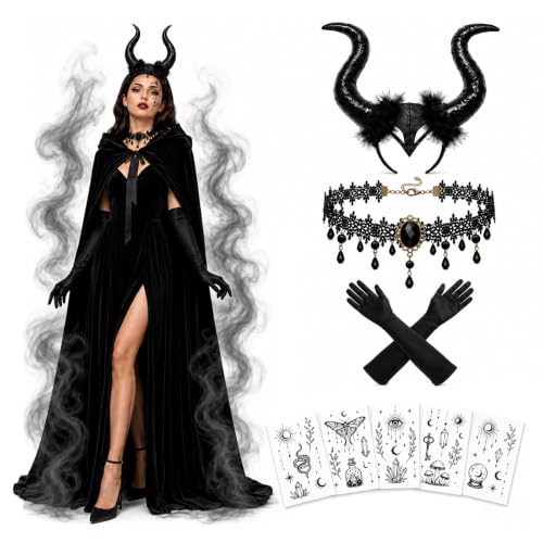 VIvaSmart Halloween Kostüm Damen Set - Böse Fee Umhang Halloween mit Hörner Haarreif & Kostüm-Zubehör für Halloween Party, Karneval und Cosplay