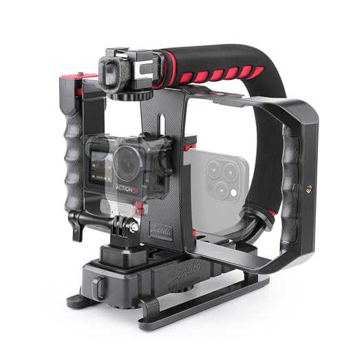 Zeadio Tripel Zubehörschuh Handheld Stabilisator mit Smartphone Video Rig, Video Aktion Handgriff Griff für Allen Kamera, Action-Kamera, DSLR und Smartphones