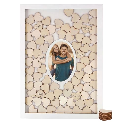 Spetebo Gästebuch mit Fotorahmen und 72 Holz Herzen zum beschriften - Hochzeits Gästebuch Hochzeitsgästebuch