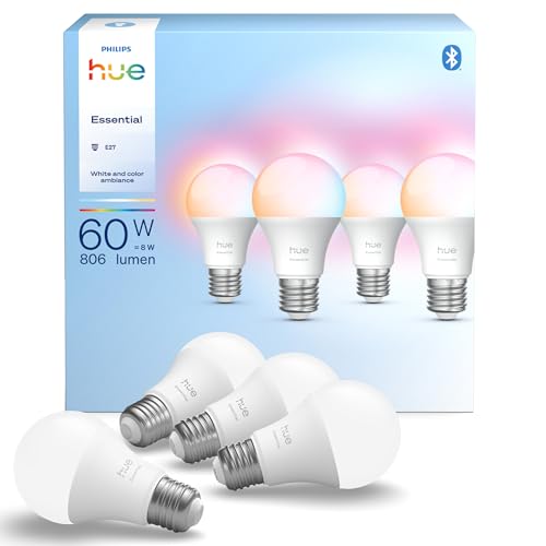 Philips Hue Essential Smart LED A60 Glühbirne,white and color, E27-Fassung, 8 W, 2200 K–6500 K, 806 lm, dimmbar, kompatibel mit Alexa, Google Assistant und Apple Home, 4er-Pack