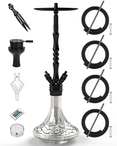 NOBLE HOOKAH 95cm Shisha Set 4 Anschlüsse mit LED Licht Shisha Kopf XXL Shisha 4 Schlauch aus Aluminiumrohr mit Molassefänger,Ausgestattet mit 4 Silikonschläuchen und Griff