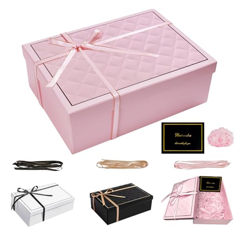 FICOFISE Geschenkbox mit Deckel, 25x18x8,5cm Geschenk Box, Geschenkbox Geburtstag, Faltbare Geschenkkarton mit Schleifen Grußkarten Raffia, für Hochzeiten Weihnachten Jahrestag (Rosa)