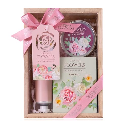 Accentra – Badeset Frauen Geschenkset I DREAM OF FLOWERS in schöner Geschenkbox – 3-teiliges Pflegeset mit Handcreme, Körperbutter und Badesalz – Geschenk Set zum Valentinstag & Muttertag
