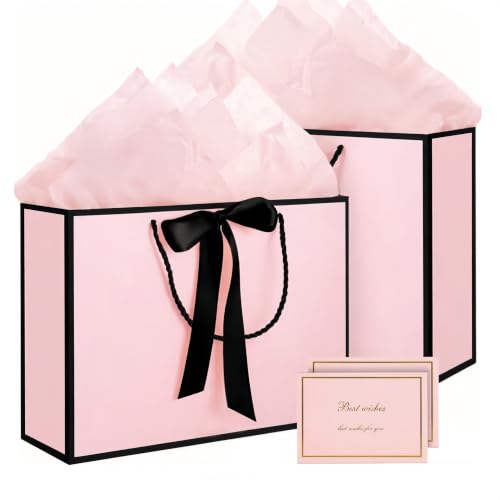 AMFUN Geschenktüten, 2 Stück Papiertüten mit Schleifenbändern + 2 Grußkarten + 4 Seidenpapier, Kreuzbodenbeutel, Geschenktaschen Groß mit Henkel für Geburtstag Hochzeit Feier Party