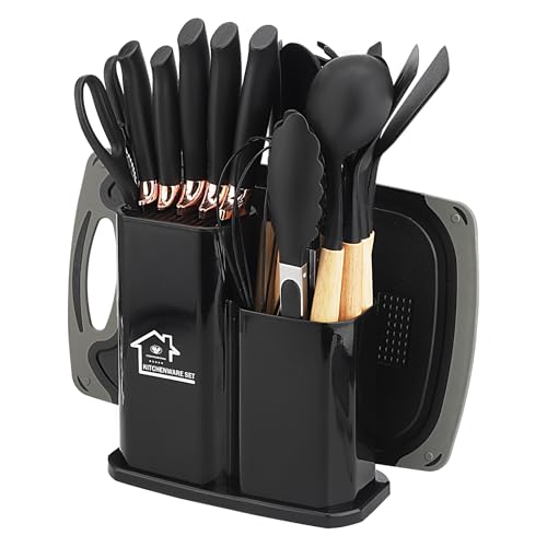 Küchenmesserset, 19-teiliges Küchenutensilien-Paket, einschließlich 5 Messern und 13 Silikon-Küchenutensilien sowie 1 Aufbewahrungsbox, geeignet für Zuhause und Partys (schwarz)