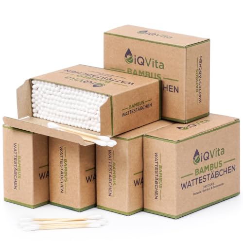 iQVita 1200 Bambus Wattestäbchen (6 x 200 Stück) - Ohrenstäbchen Set - Kosmetikstäbchen