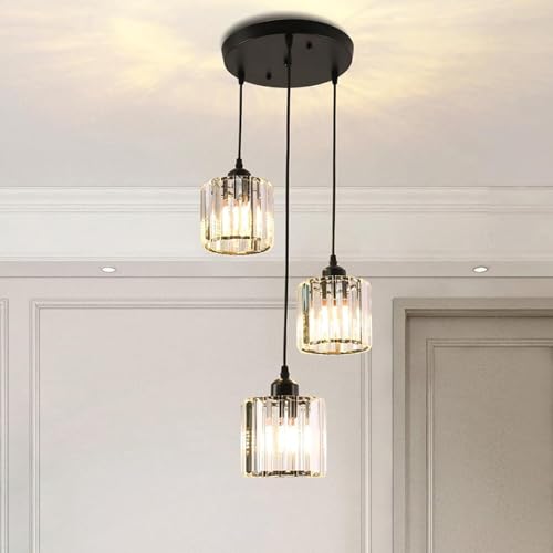 Modern crystal chandelier, raindrop ceiling light, adjustable high ceiling pendant Suitable for farmhouses, spiral staircases, living rooms, and entrance halls (3 Lampen)