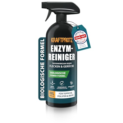 Enzymreiniger – Geruchsentferner & Fleckenentferner Spray 750 ml – porentief & biologisch – für Sofa, Teppich, Matratze, Auto & Haushalt – gegen Schmutz, Schweiß, Gerüche & Tierspuren – KRAFTPROTZ