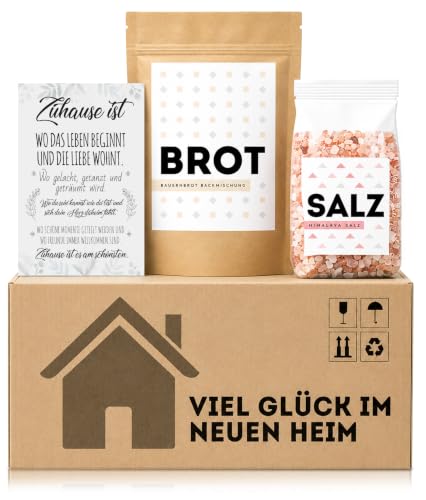 Einweihungsgeschenk zum Einzug. Mini Umzugskarton mit Brot, Salz und Karte