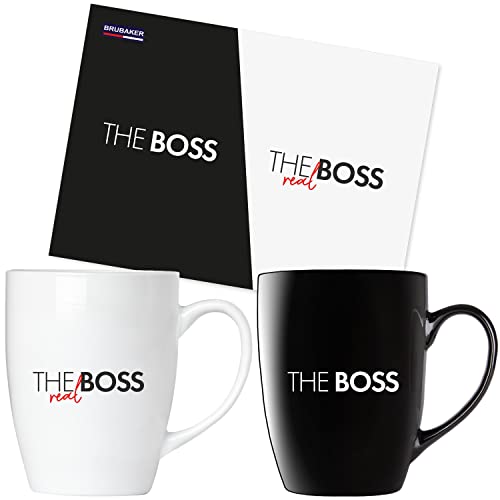BRUBAKER Kaffeetassen The Boss & The Real Boss mit Grußkarte - Pärchen Kaffeebecher Schwarz und Weiß - 300 ml Tassen Geschenkset - Mug Set in Geschenkbox für Valentinstag, Hochzeit und Weihnachten