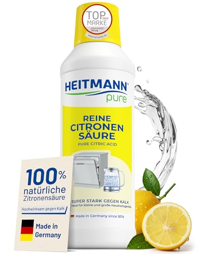 HEITMANN pure Reine Citronensäure 500 ml | Effektiver Kalkentferner in Küche & Bad | 100% natürliche Zitronensäure | Entkalker für Kaffeevollautomat, Wasserkocher & Waschmaschine | Lebensmittelsauber