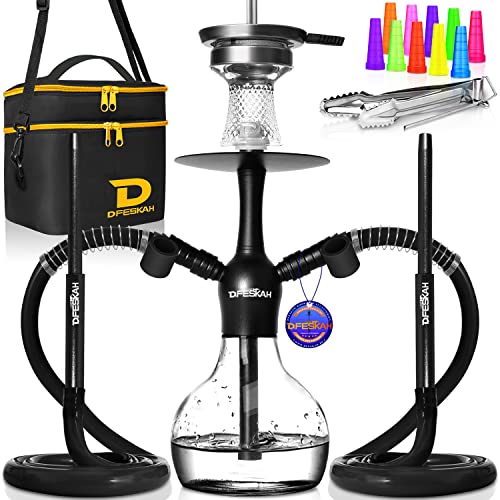 Mini Shisha Set, 42cm Hookah to go 2 Schläuche 2 Anschlüsse, Aluminium Wasserpfeife Set Klein, Reise Shisha Komplett mit Zubehör – Glaskopf Kaminaufsatz Sieb Schlauch Mundstück Dichtung Zange Tasche