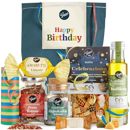 Happy Birthday Geschenkset - Gepp’s Feinkost I Überraschungstüte gefüllt mit handgemachter Pasta, Pesto-Rosso Gewürz, Bio Alleskönner Gewürz & Basilikumöl I Gourmet Geschenk-Set
