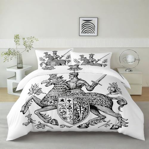Generisch Fantasy-Mittelalter-Wappen Bettwäsche 200x200 3teilig, Gerüsteter Ritter Greif Bettwäsche-Sets, Kuschel Weiche Hautfreundlich Mikrofaser Bettbezug + 2 Kissenbezüge 80x80, mit Reißverschluss
