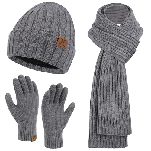 ZASFOU Herren Winter Mütze Schal Touchscreen Handschuhe Set Thermo Beanie Wintermütze Strickmütze Winterschal Winterhandschuhe Geschenk für Männer