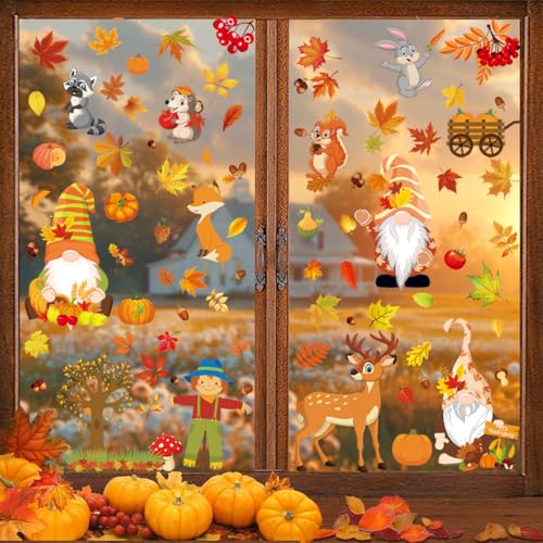 YIHELU 133 Stück Fensterbilder Herbst selbstklebend, Herbstdeko Fenster Aufkleber doppelseitig Fensteraufkleber, Wiederverwendbare ohne Kleber Fensterdeko für Thanksgiving Fenster Deko