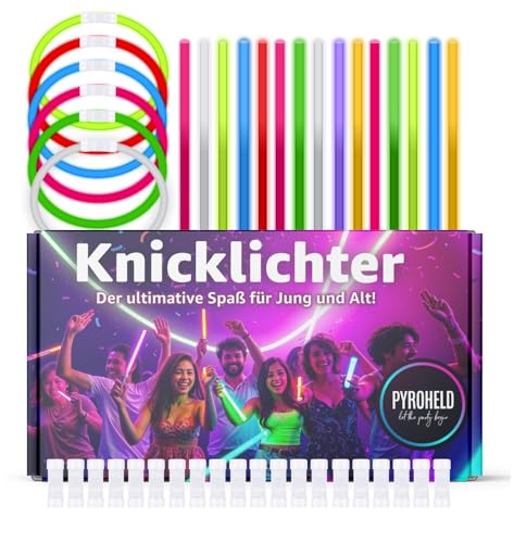 PYROHELD 100x Knicklichter - Leuchtstab - extra Hell & Lang - in bunten Farben für Kindergeburtstag, Party, Silvester Deko 2027, Mitgebsel, Festival, Geburtstag - Glow Sticks mit Verbinder
