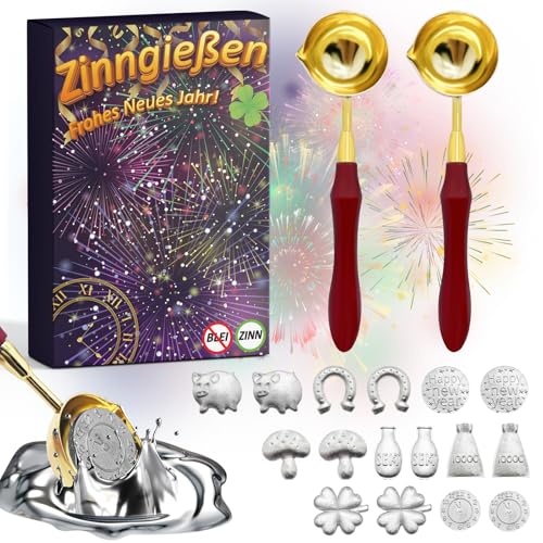 DADAPANGHU Zinngießen Set mit 2 Löffel und 16 Figuren, Gesunde Alternative zum Bleigießen Set und Wachsgießen Silvester Spiele mit Deutungen, Premium Zinn Giessen Wahrsagerei-Partyspiel Silvester Deko