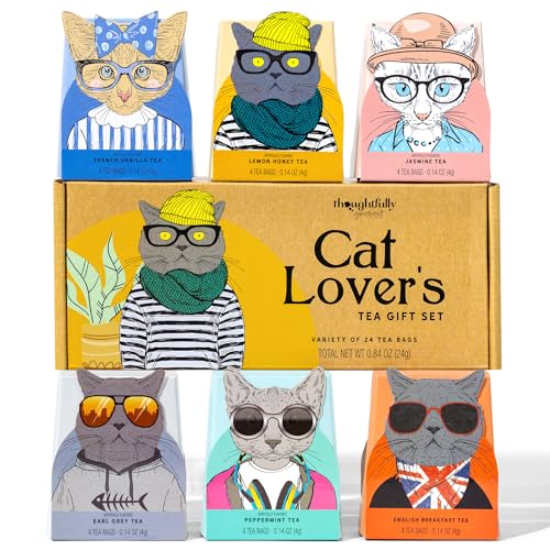 Thoughtfully Gourmet, 24 Tee-Geschenkset für Katzenliebhaber, enthält 24 Tees in 6 Geschmacksrichtungen mit stilvoller Katzenkunst und lustigen Zitaten für Katzenmütter und Katzenväter