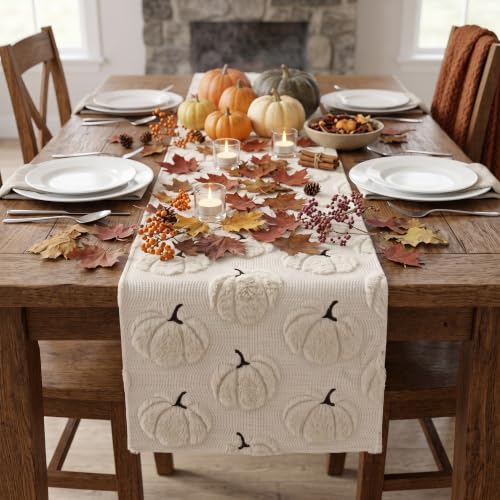 Tischläufer Herbst 33x183 cm – weicher Kürbis-Plüsch aus Kunstfell Jacquard Ideal als Thanksgiving Herbst Dekoration für Küche, Esstisch, Zuhause und Partys.