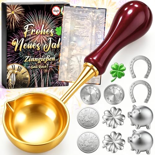 Zinngießen Set Silvester Spiele 2027 mit 10 Glücksbringer und 1 Löffel